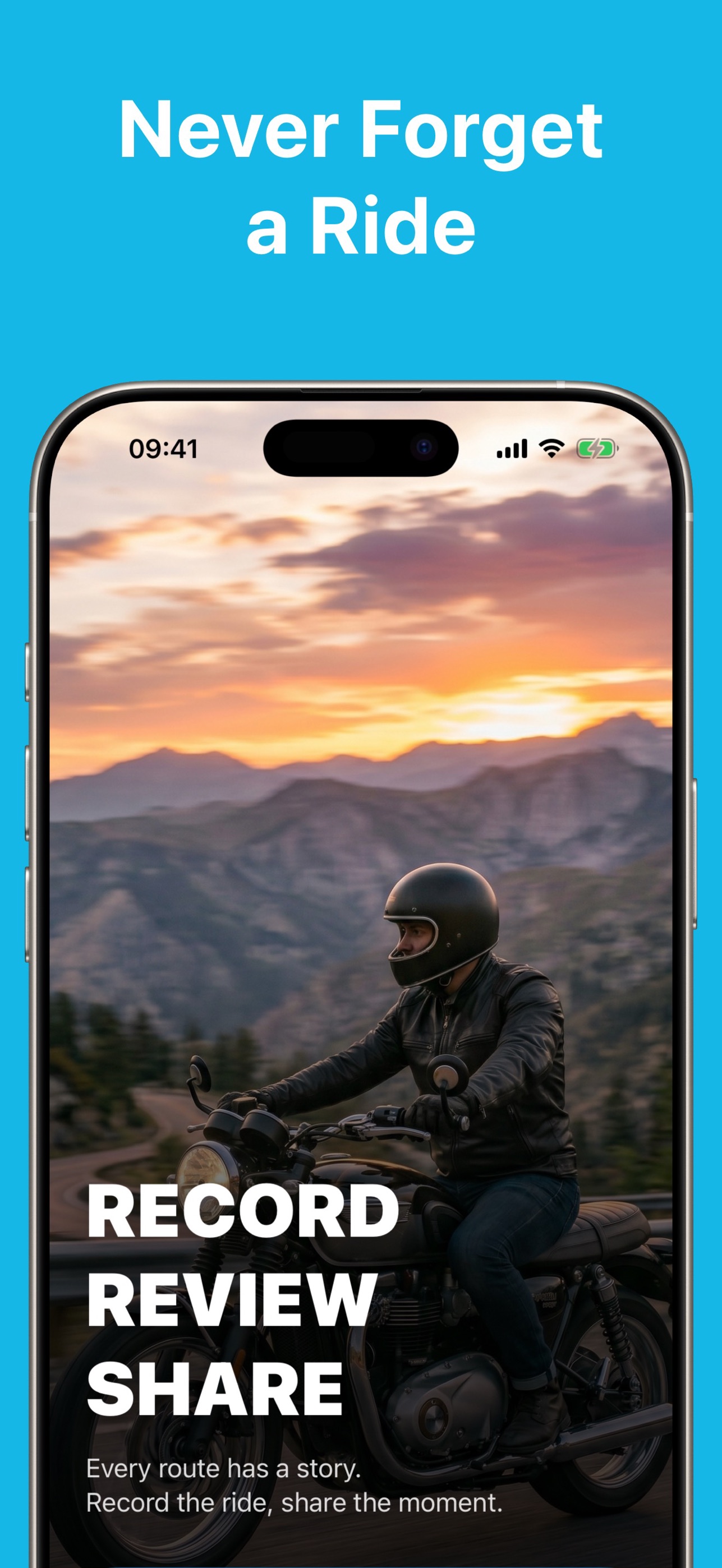 RiderLog motorcycle ride tracker showing a recorded ride with route and stats
