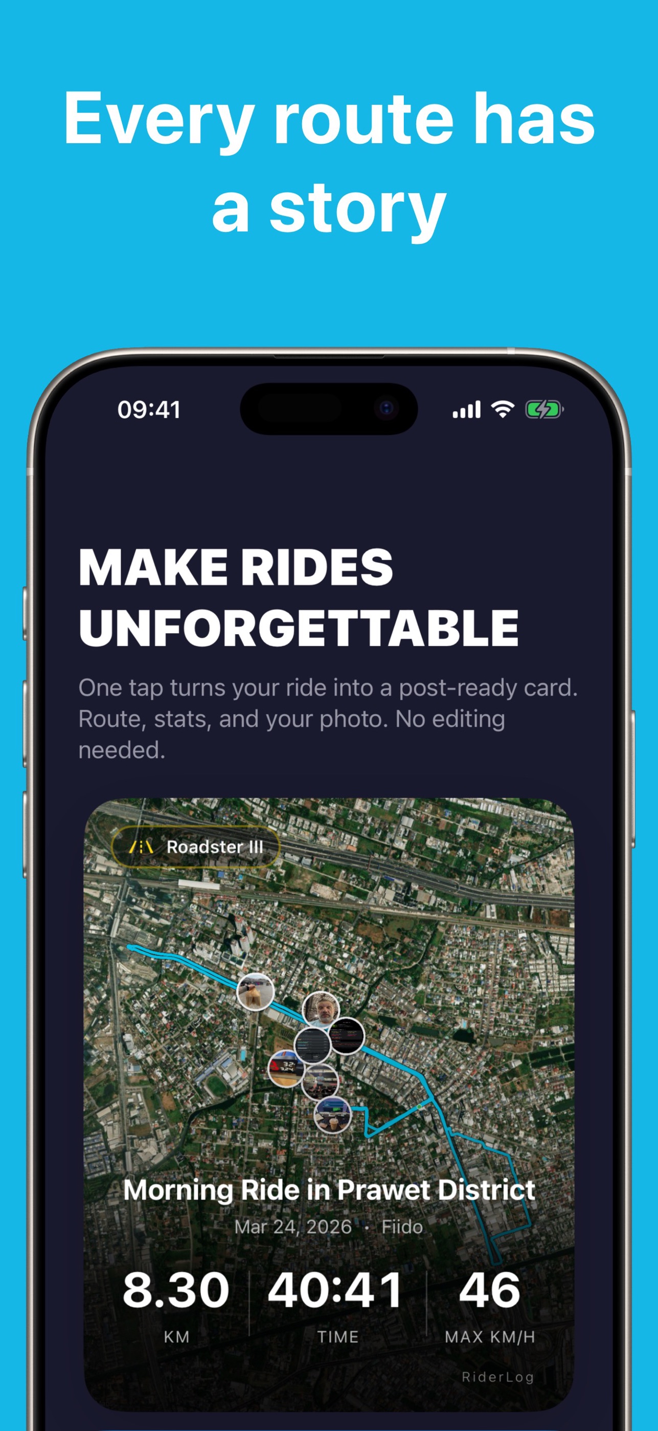 RiderLog ride card with route, stats, and photos on a satellite map