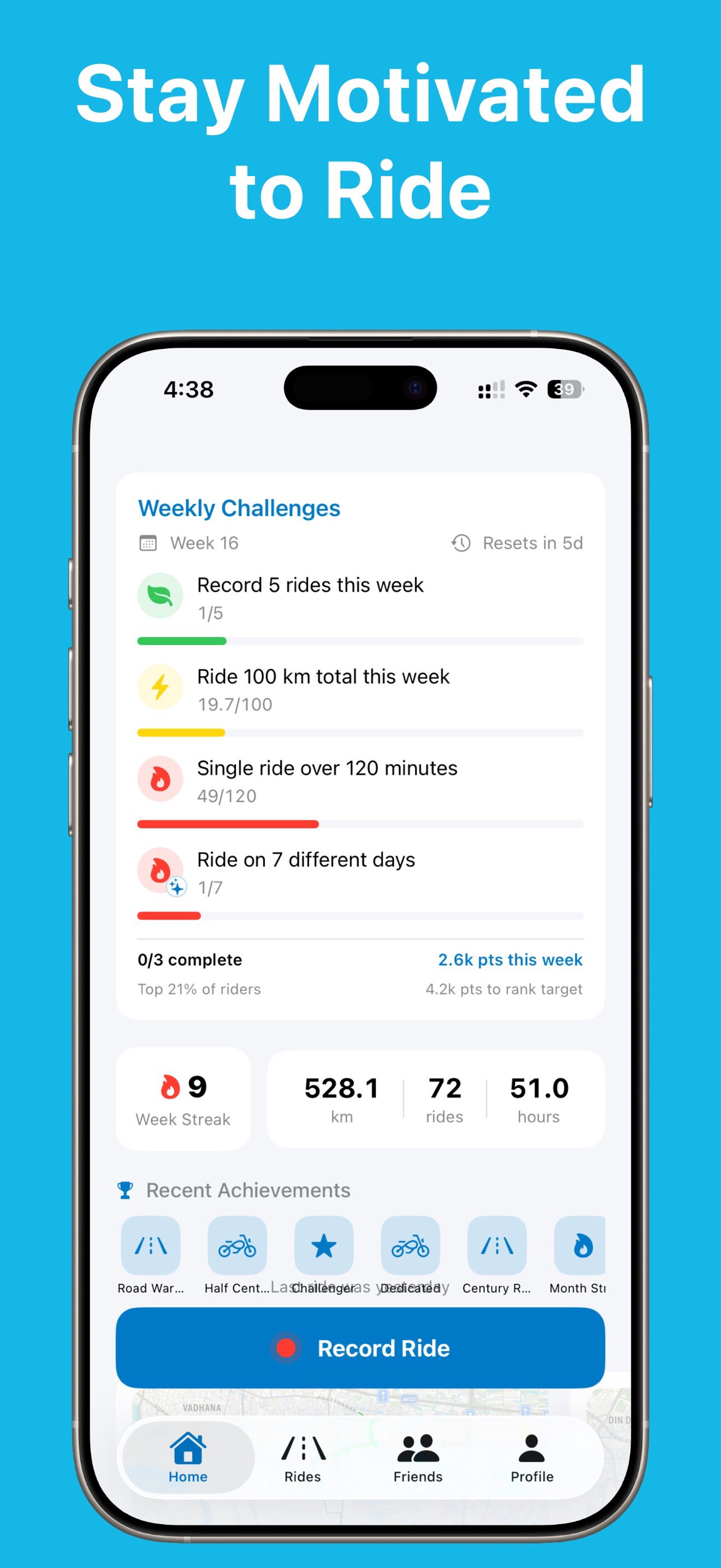 Weekly riding challenges scaled to how you actually ride