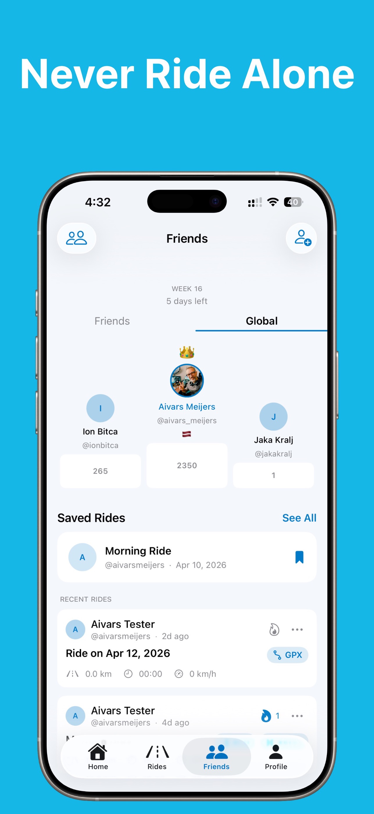 Friends and ranks in the RiderLog motorcycle app