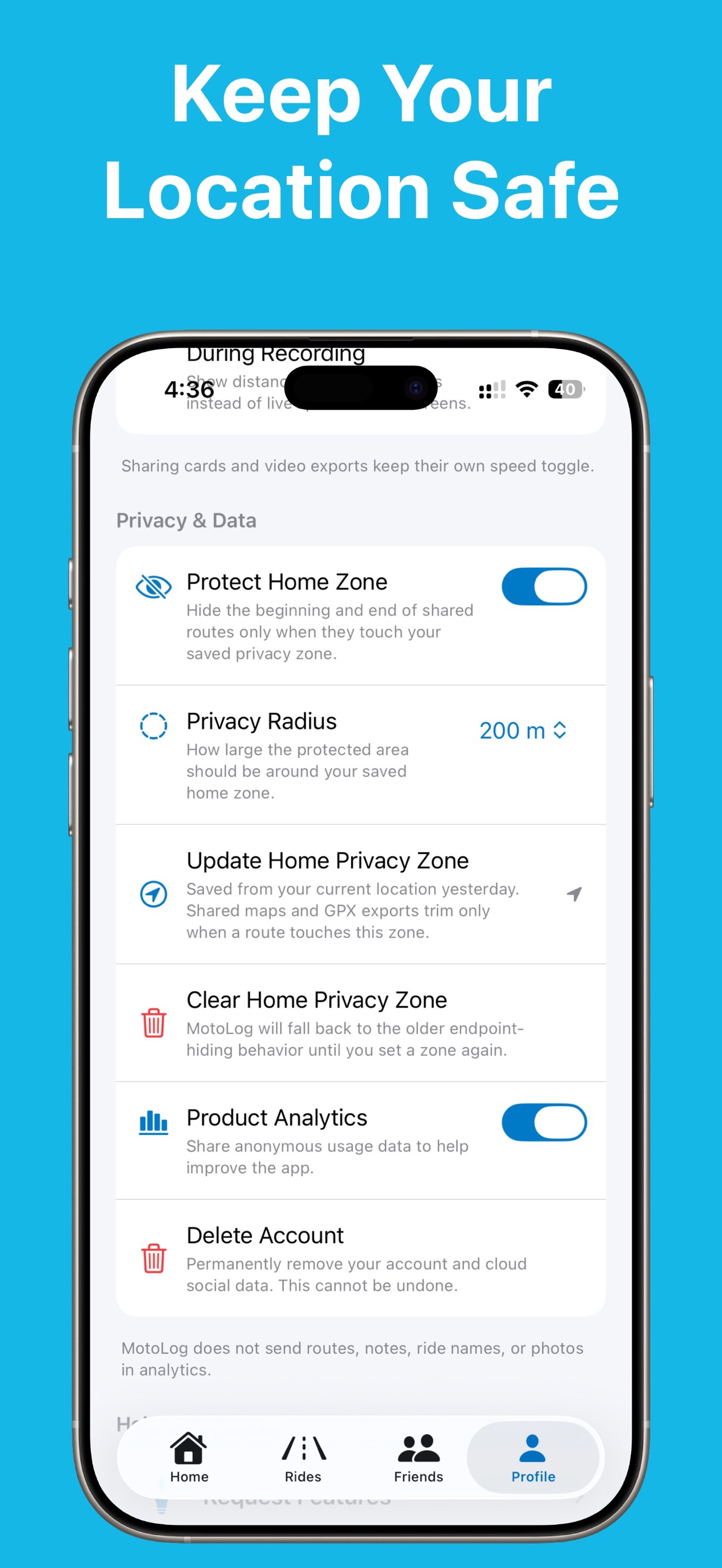 Privacy Zones hiding the home location on a shared motorcycle ride