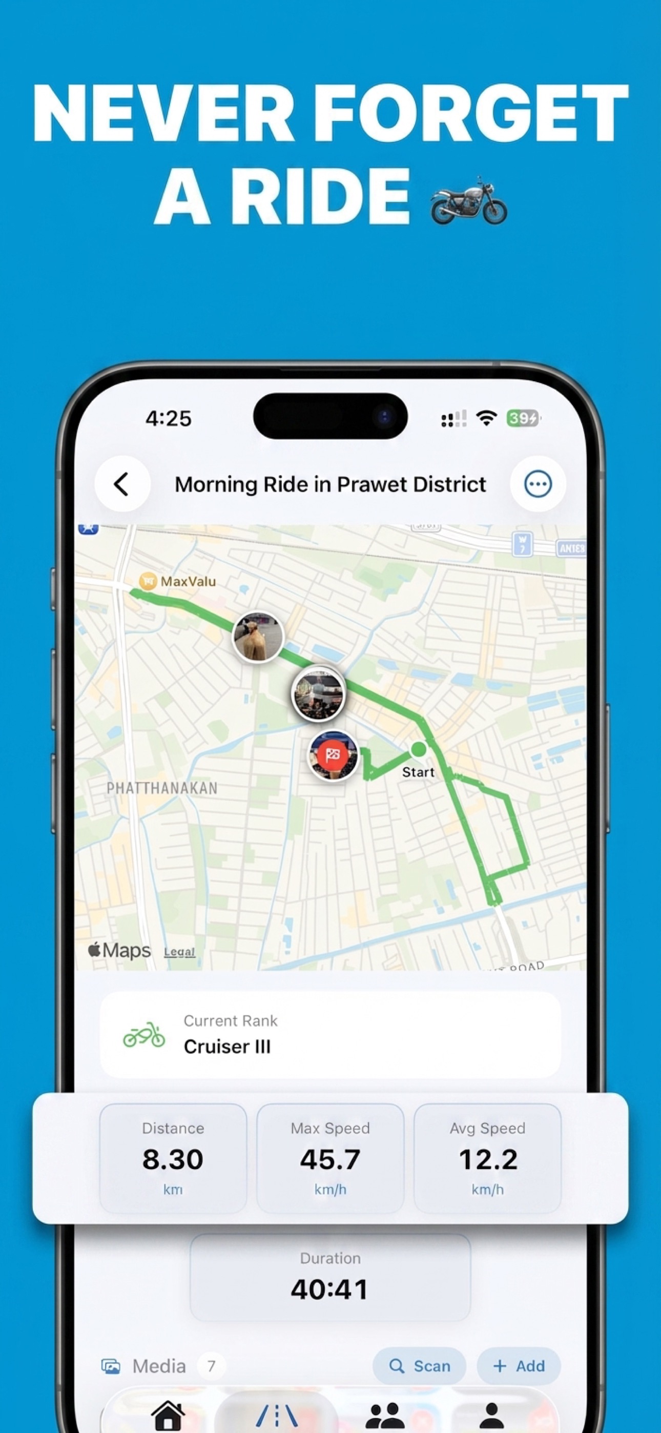 Never forget a ride — full ride detail with map, route, and stats