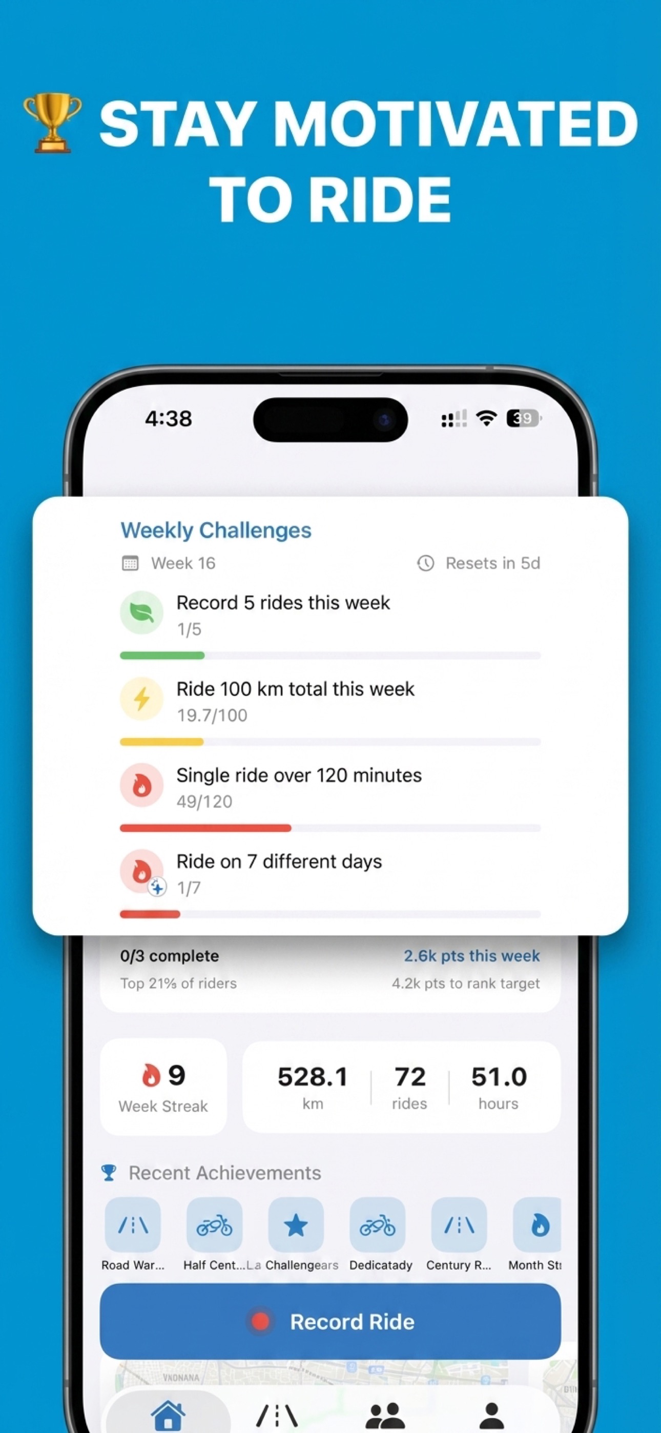 Stay motivated to ride — weekly challenges, streaks, and rank progress