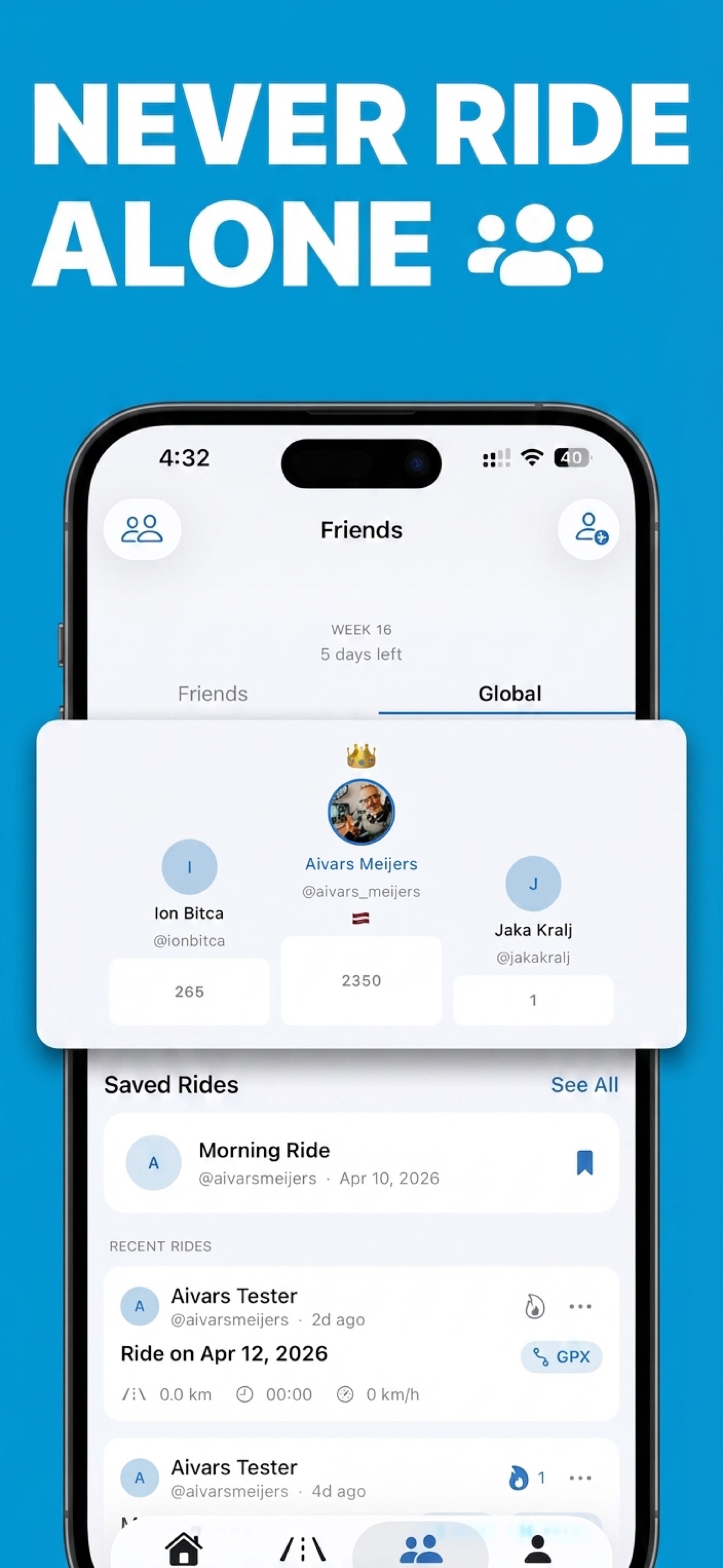Never ride alone — friends leaderboard and shared rides