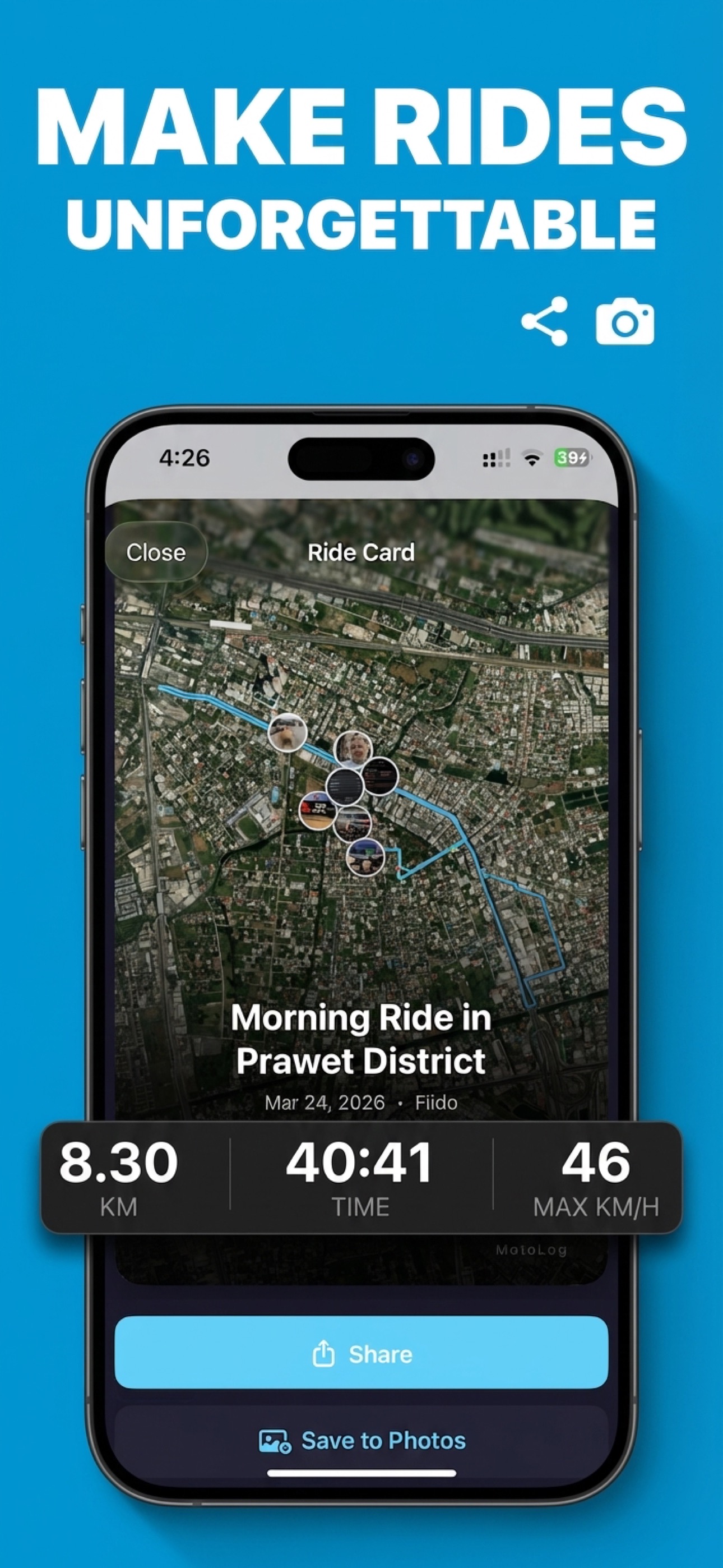 RiderLog turns every ride into a beautiful share card with a satellite map, route, and photos